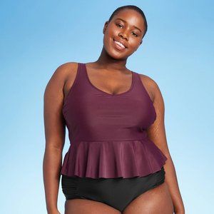 Kona Sol Burgundy Peplum Scoop Neck Cropped Tankini Top